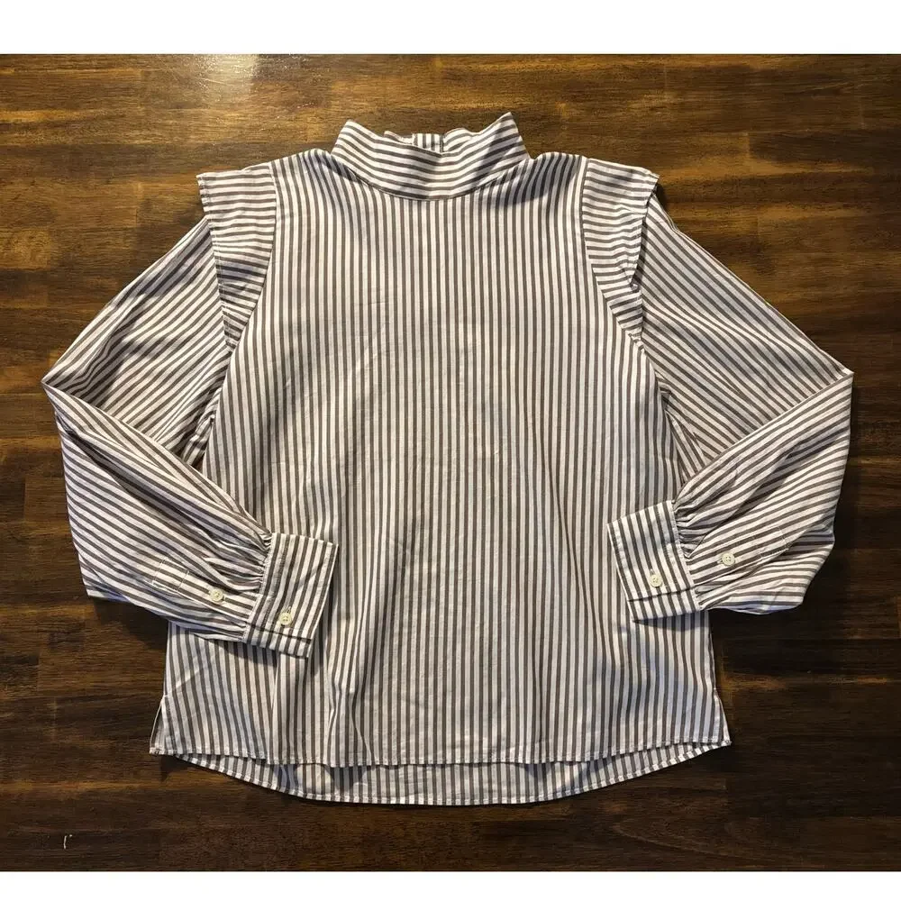 Everlane Women's 6 Shirt Mock Neck Wing Shoulder Blouse 100% Cotton Stripe - Picture 2 of 10